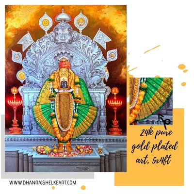 24k pure gold and oil on canvas art by artist Dhanraj Shelke ( lord Mahalaxmi kolhapur 5x4ft)