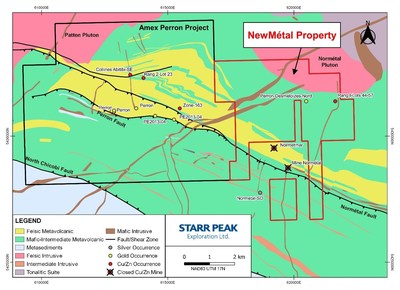 Figure 2: Geological Map of the NewMétal Property with respect to Amex Exploration’s Perron Project and the Normétal Past-Producing Mine. (CNW Group/Starr Peak Exploration Ltd.)