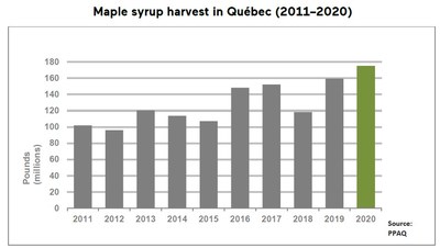 Maple syrup harvest in Québec (2011-2020) (CNW Group/Producteurs et productrices acéricoles du Québec)