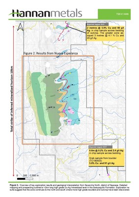 Figure 5: Overview of key exploration results and geographical interpretation from Sacanche North, district of Saposoa. (CNW Group/Hannan Metals Ltd.)