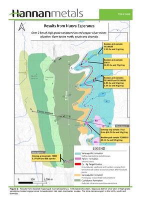Figure 2: Results from detailed mapping at Nueva Esperanza, north Sacanche claim, Saposoa district. (CNW Group/Hannan Metals Ltd.)