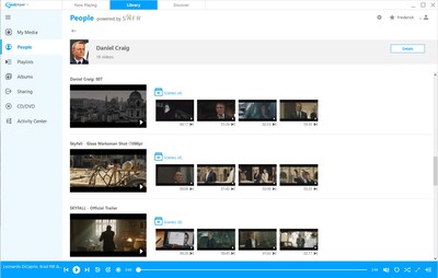 RealPlayer 20/20 showing video search within your video library by a person's face: Daniel Craig.