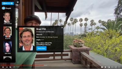 StarSearch by Real web extension_example of Who's That bio card of celebrity Brad Pitt in SomeGoodNews video.