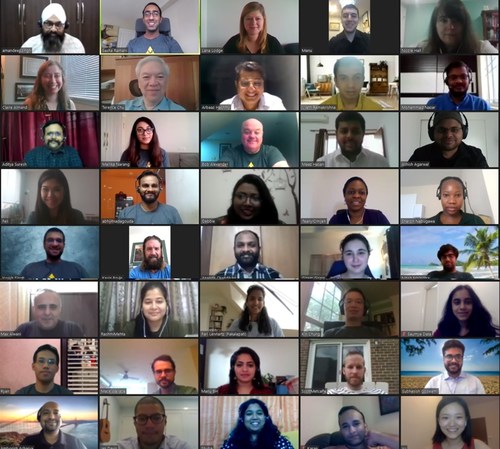 The MPOWER team on their weekly townhall Zoom call from their homes spread around the world