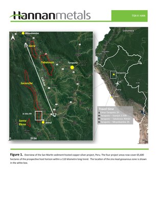 Figure 1. Overview of the San Martin sediment-hosted copper-silver project, Peru. The four project areas now cover 65,600 hectares of the prospective host horizon within a 110 kilometre long trend. The location of the zinc-lead gossanous zone is shown in the white box. (CNW Group/Hannan Metals Ltd.)