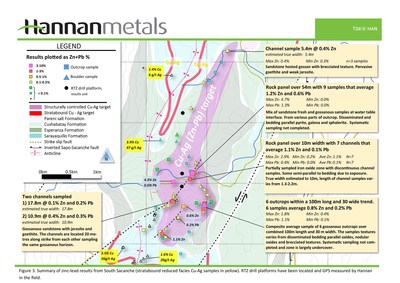 Figure 3. Summary of zinc-lead results from South Sacanche (stratabound reduced facies Cu-Ag samples in yellow). RTZ drill platforms have been located and GPS measured by Hannan in the field. (CNW Group/Hannan Metals Ltd.)