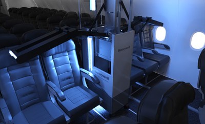 The Honeywell UV Cabin System is roughly the size of an aircraft beverage cart and has UVC light arms that extend over the top of seats and sweep the cabin to treat aircraft surfaces. It is available to order now, with deliveries starting in July.