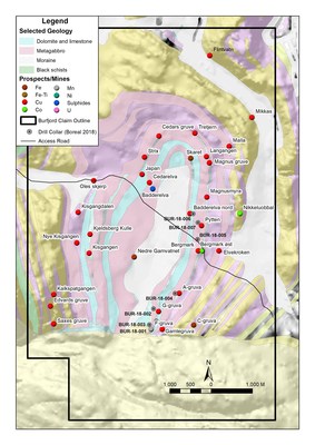 Figure 1.  Geology, drilling and mineral occurrences, Burfjord Project, Norway. (CNW Group/Boreal Metals)