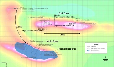 Figure 1 – Plan view of PGM Zone - Recent drilling overlain on total field magnetic intensity, Crawford Nickel-Cobalt Sulphide Project, Ontario. (CNW Group/Canada Nickel Company Inc.)