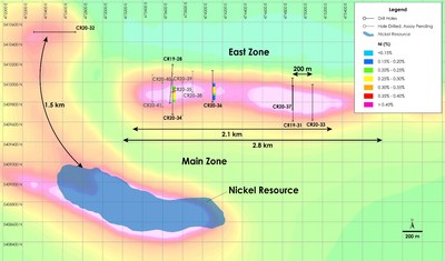 Figure 2 - Plan View of East Zone Nickel - Drilling Results overlain on total field magnetic intensity, Crawford Nickel-Cobalt Sulphide Project, Ontario. (CNW Group/Canada Nickel Company Inc.)