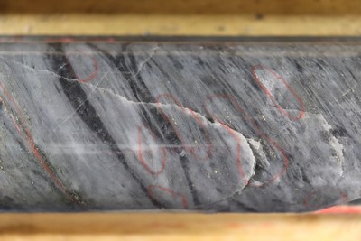 Figure 4: Image of high-grade gold mineralization from BR-137 (18.5 ounces per tonne over 1.00 metre). Gold occurs parallel to the dominant deformation fabric of the LP Fault zone (northwest striking, steeply northeast dipping). The rock is highly altered and deformed and all primary textures have been obliterated. Images are of selected core intervals and are not representative of all mineralization on the property. (CNW Group/Great Bear Resources Ltd.)