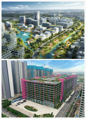 The design sketch of the Shunde (Daliang) Electronic Information Industrial Park under planning (top). The headquarters building of Guangdong Bright Dream Robotics Co., Ltd. has been put into use in the Shunde (Beijiao) Robot Town Industrial Park (bottom).