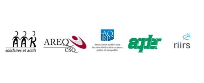 Logos : AAR; AREQ-CSQ; AQRP; AQDER; RIIRS (Groupe CNW/AQRP - Association qubcoise des retrait(e)s des secteurs public et parapublic)