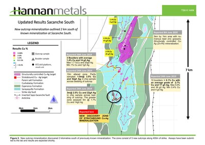 Figure 2. New outcrop mineralization discovered 2 kilometres south of previously known mineralization. The zone consist of 5 new outcrops along 400m of strike. Assays have been submitted to the lab and results are expected shortly. (CNW Group/Hannan Metals Ltd.)