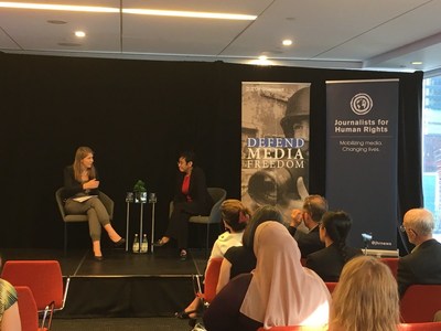 Rachel Pulfer and Maria Ressa at the JHR - UK Consulate event on Media Freedom, June 2019 (CNW Group/Journalists for Human Rights (JHR))