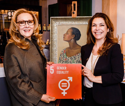 At Davos House, Switzerland January 25th, 2020, left to right: Ms. Sandi Nicholson Philanthropist and Art Collector and Ms. Elaine Brennan, Executive Director Northwell Health. Painting from the ‘Women Who Dared’ collection, titled Florence, by Ms. Lyla Harcoff
