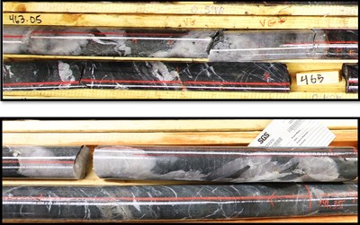Figure 3: Comparison of Arrow zone drill core (top) and Hinge zone drill core (bottom).  Both zones display identical hydrothermal biotite alteration, trace accessory sulphides and visible gold.  Both zones are developed at the same type of geological contact. (CNW Group/Great Bear Resources Ltd.)