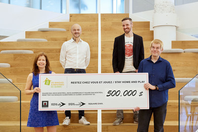 From left to right, Julie Marchand, Executive Director of the Food Banks of Quebec, David Anfossi, head of the Eidos-Montréal studio, Patrick Naud, Studio Head of Square Enix Montréal and et Julien Bouvrais, head of the Eidos-Sherbrooke studio. (CNW Group/Eidos-Montréal)