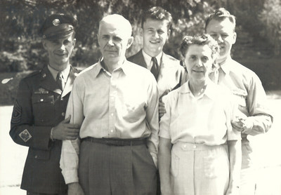 Kermit Shoen, circa 1945, pictured in uniform with his brothers and parents. A WWII Pacific Theater Veteran, Shoen will be memorialized in the lobby of Pearl Harbor's renovated Ford Island Control Tower later this year. Shoen is being honored as part of the 75th anniversary of V-J Day, as well as his contributions to U-Haul Company, which is celebrating 75 years of moving America.