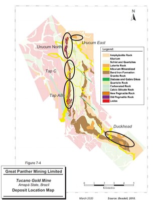 Figure 1: Geology of the Tucano Mine sequence showing mining areas (CNW Group/Great Panther Mining Limited)