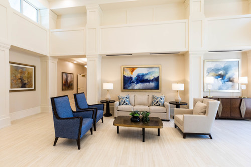 Watercrest Newnan Assisted Living and Memory Care announces all 72 residents and associates have tested negative for COVID-19.  Pictured is the lobby of Watercrest Newnan, a newly built luxury senior living community in Newnan, Georgia.