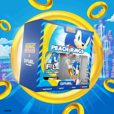 G FUEL Sonic's Peach Rings energy drink will also be for sale to customers in the U.S. and Canada in powdered form in 40-serving tubs and limited-edition collectors boxes, which include one 40-serving tub and one 16 oz shaker cup, at gfuel.com on August 19, 2020.