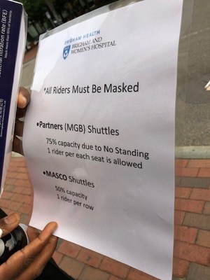 Brigham notice about MGB and MASCO shuttles posted at Crosstown. Picture taken by MNA June 15, 16 and 17.