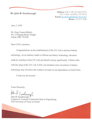 Prof. Dr. John B. Goodenough's congratulatory letter to CATL's 21C Lab (PRNewsfoto/CATL)