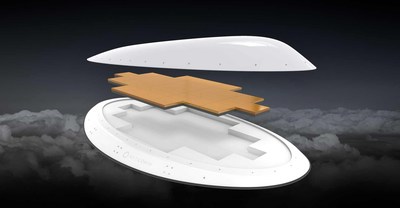 The AeroMax electronically steered array shown in an industry-standard radome. NXTCOMM's low-profile design maximizes the usable space under the radome, allowing for more panels, and more panels mean greater performance.