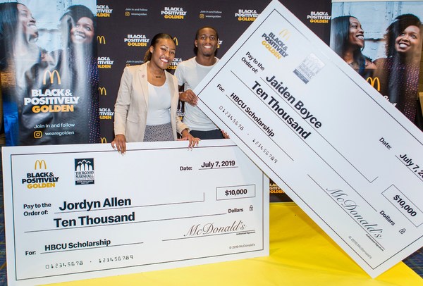 McDonald’s launches the $500,000 Black & Positively Golden Scholarship Fund in partnership with the Thurgood Marshall College Fund to help students attending HBCUs continue their education this fall, despite the impact of COVID-19. Pictured are 2019 McDonald’s Black & Positively Golden scholarship recipients (L-R: Jordyn Allen and Jaiden Boyce) at last year’s Essence Festival of Culture in New Orleans.