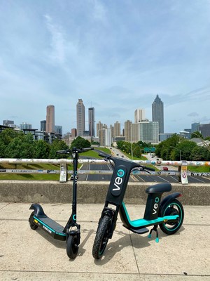 Veo e-scooters and seated Veo Cosmos in Atlanta