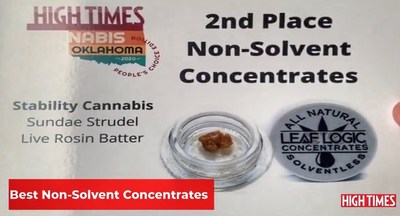 Stability Cannabis wins 2020 High Times Cannabis Cup People's Choice Award.  Places second in best non-solvent concentrate category.
