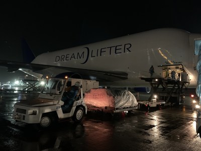 Airport ground crews in Nagoya, Japan, work through the night to load 500,000 protective face masks bound for Utah students and teachers. (Atlas Air photo)