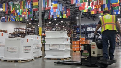A shipment containing 150 oxygen concentrators and enough ICU medication for 10,000 Covid-19 patients is staged at Direct Relief's warehouse for delivery to Yemen. (Photo: Tony Morain/Direct Relief)