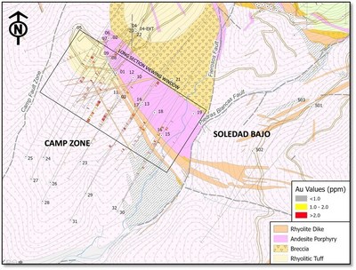 Figure 2. Geological map with surface and drill core samples showing the main target areas in the area of the Camp deposit. (CNW Group/Luminex Resources Corp.)