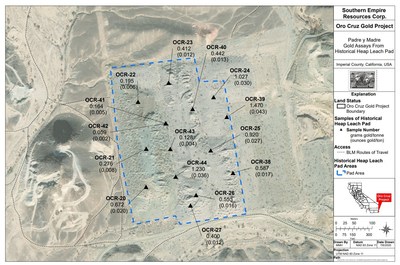 FIGURE 2: Padre y Madre Area - Gold Assays From Historical Heap Leach Pad (CNW Group/Southern Empire Resources Corp.)