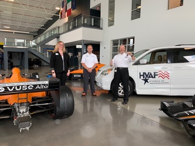 Vuse spokesperson, Natasha Webster, and AMSP Managing Director, Taylor Keil, present the keys for a new-to-them wheelchair accessible van to HVAF President and CEO, Retired General Brian Copes.