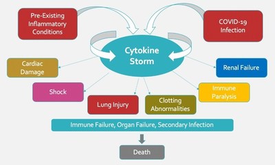 The surge in cytokines in many COVID-19 patients, especially those with pre-existing conditions, results in a cytokine storm that compromises organ function and often leads to death.