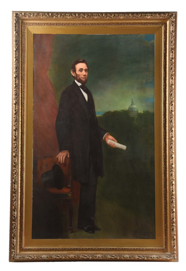 William F. Cogswell (American, 1819-1903), life-size portrait of Abraham Lincoln, one of three replicas Cogswell made of the official White House portrait. This example was displayed at Albion Castle, an 1870 mansion in San Francisco, the city where Cogswell lived at the time of his death. Framed size: 108 x 72 x 5in. Estimate $100,000-$500,000