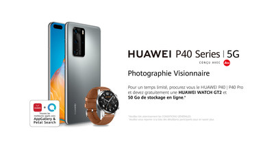 Pour une dure limite, profitez d'une montre intelligente HUAWEI Watch GT2 (valeur de 319 $) et d'un stockage en nuage de 50 Go pendant 12 mois lorsque vous achetez le P40 ou le P40 Pro. (Groupe CNW/Huawei Consumer Business Group)