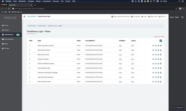 Retarus Predelivery Logic analyzes emails in accordance with customer-defined specific rule sets, redirects and optimizes them if necessary, and only then forwards them to the company's infrastructure.