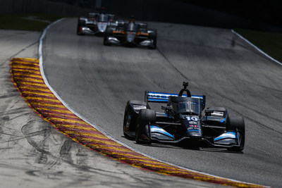 Honda-powered Felix Rosenqvist [#10 leading] came from behind to score his career-first Indy car win Sunday at Road America.  Honda and the Chip Ganassi Racing team have won all four opening races in the 2020 NTT INDYCAR SERIES.