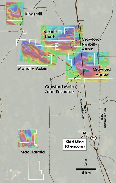 Figure 1 – Plan view of Crawford, Kingsmill, Nesbitt-Aubin, Nesbit North, MacDiarmid and Mahaffy-Aubin Properties, Ontario. (CNW Group/Canada Nickel Company Inc.)