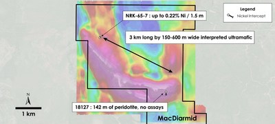 Figure 5 – Plan view of MacDiarmid Property – Historical drilling overlain on total field magnetic intensity, MacDiarmid Township, Ontario. (CNW Group/Canada Nickel Company Inc.)
