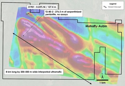 Figure 5 – Plan view of Mahaffy-Aubin Property – Historical drilling overlain on total field magnetic intensity, Mahaffy and Aubin Townships, Ontario. (CNW Group/Canada Nickel Company Inc.)