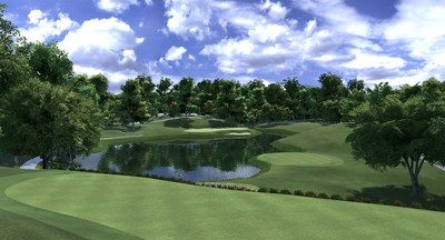 The iconic 12th Hole at Muirfield Village Golf Club as seen on Full Swing GOLF software. Golfers around the globe can now play Muirfield Village GOLF Club just like players from The PGA TOUR this week on Full Swing Simulators.