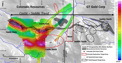 Figure 2: Castle IP Chargeability and Exploration Target Areas (UTM Zone 9 NAD83) (CNW Group/Colorado Resources Ltd.)