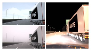 Ansys SPEOS validates camera perception in various environments (day, fog, night)