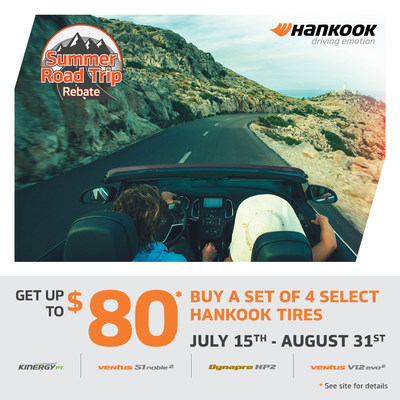 The Hankook Summer Road Trip rebate will offer consumers savings of up to $80 with the purchase of four of Hankook's popular ultra-high performance summer, all-season and touring tires from now until August 31st.