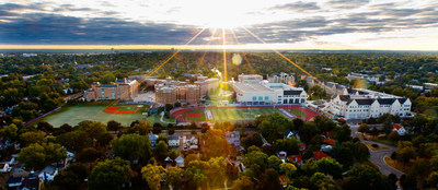An aerial image of campus with sunlight pouring from the top of the frame. Taken September 23, 2012.
